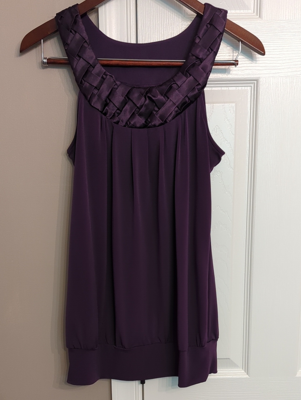 Whimsical Regal Plum Purple Sleeveless Blouse with Braided Neckline